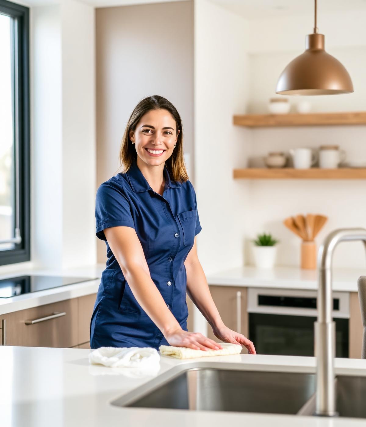 Professional cleaning partner smiling in a bright modern kitchen
